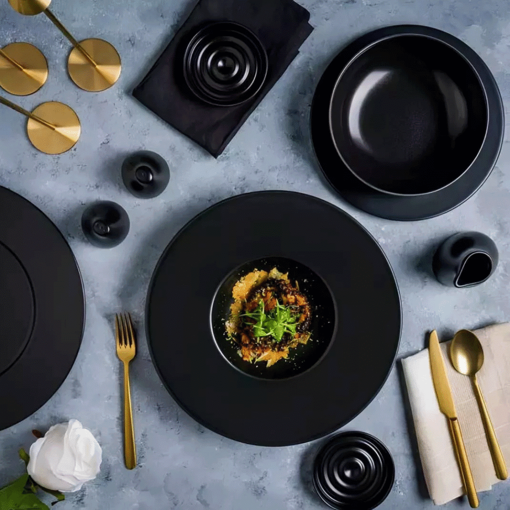 Top-down view of a black table setting with a plated dish in the center and gold cutlery nearby.