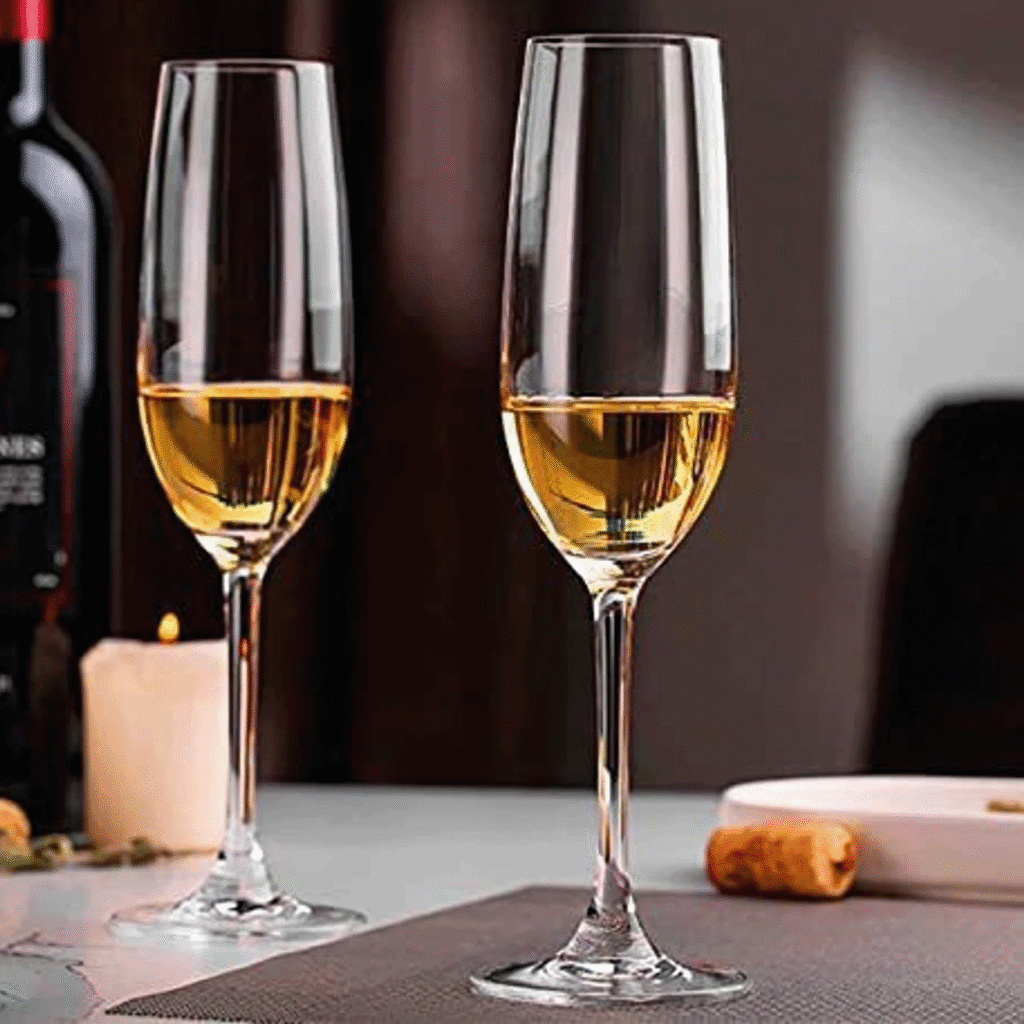 Two champagne flutes with golden liquid on a dining table, a bottle to the left and a pastry in the background.