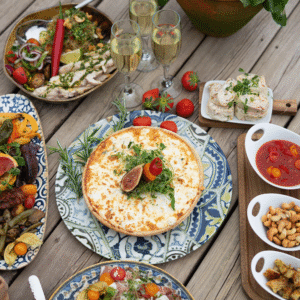 Outdoor meal spread: pizzas, salads, roasted vegetables, herbs, strawberries, and three glasses of white wine on a wooden table.