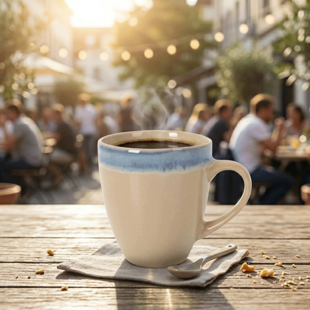 Cup of coffee in a white mug with a blue rim on a wooden table, outdoors at a sunlit café.