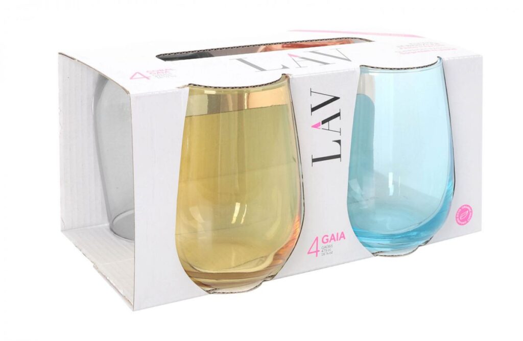 Boxed set of four Gaia LAI colored tumblers, two visible in yellow and blue tint on a white box,