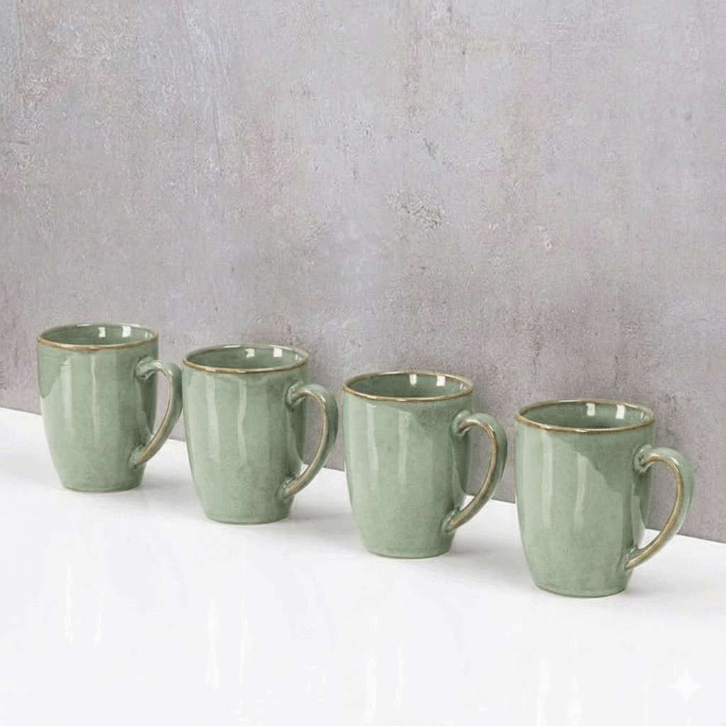 Four light-green ceramic mugs with handles lined up on a white counter against a gray textured wall, ready for tea or coffee.