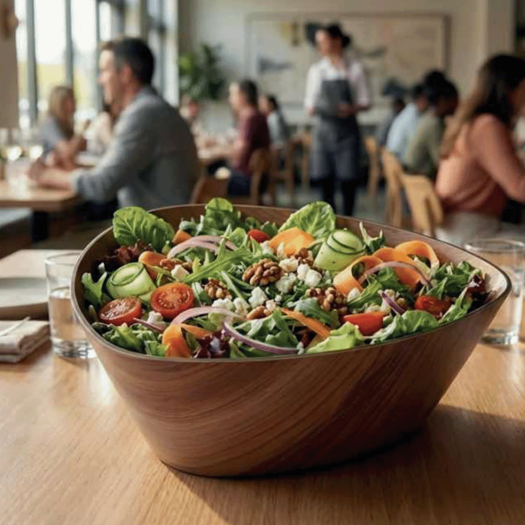Large wooden bowl of mixed salad on a table in a bright restaurant, with greens, cherry tomatoes, cucumber ribbons, onions and nuts are visible in the bowl.