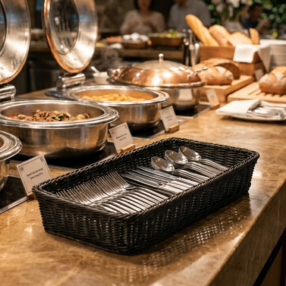 Self-serve buffet station with chafing dishes and a black woven basket filled with spoons on a marble counter