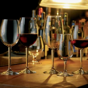 Several wine glasses on a wooden bar counter, some filled with red wine, with bottles blurred in the background.