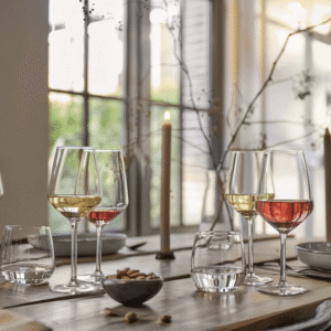 Elegant dining table set with white and rosé wine glasses, a lit candle, and a bowl of nuts by a sunlit window.